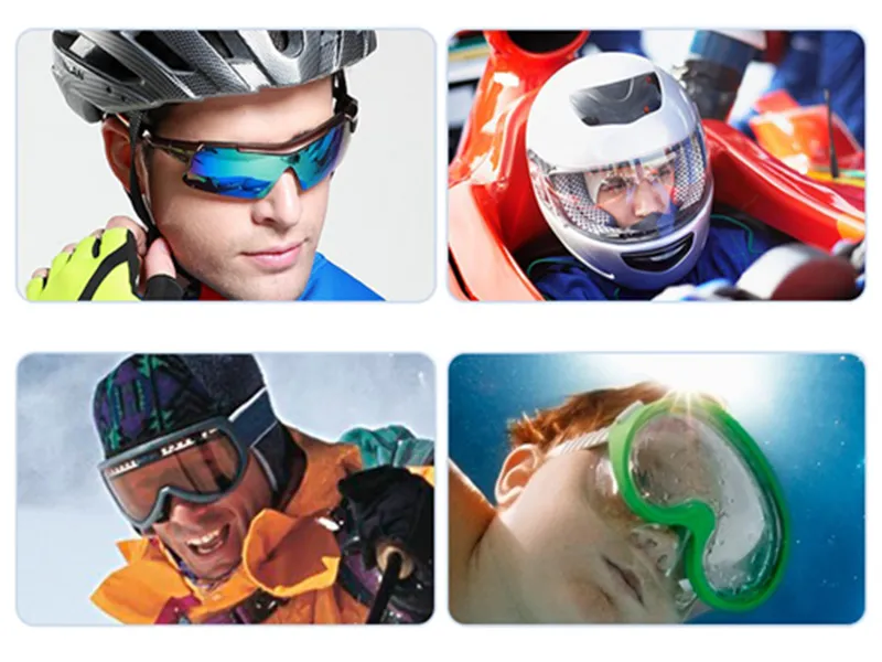 High-impact resistant polycarbonate lenses for sports and safety eyewear, including cycling glasses, racing helmets, ski goggles, and diving masks, manufactured by ATRmold.