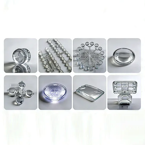 A professional showcase of various precision optical parts, including micro-structured Fresnel lenses, lens arrays, single aspheric elements, and integrated sprue samples made from high-transparency polymers.