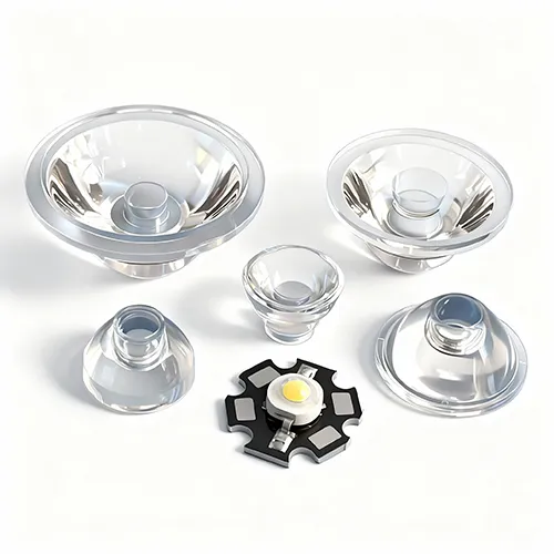 Assorted clear optical lenses for LED illumination, including TIR and aspheric designs surrounding a high-power LED chip on a star PCB for light distribution testing.
