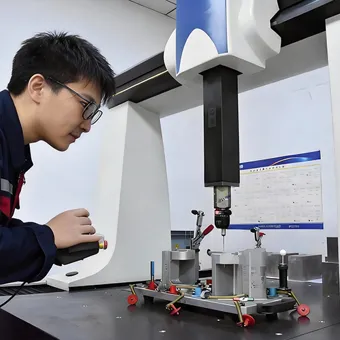 A skilled technician operating a coordinate measuring machine (CMM) to perform automated dimensional inspection on a precision mold component, ensuring micron-level accuracy.
