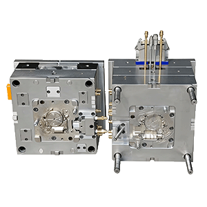 A professional plastic injection mold steel die set displayed side-by-side on a white background, showing the core and cavity blocks with machined internal structures, alignment guide pins, and upper mechanical components.