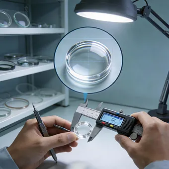 Verifying lens diameter using digital calipers under high-intensity task lighting, complemented by a magnified visual inspection for surface scratch-dig standards.