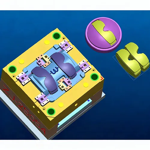 A detailed 3D CAD rendering of an injection mold designed for protective eyewear, showing the cavity block, core inserts, and complex mechanical alignment for a two-cavity production setup.
