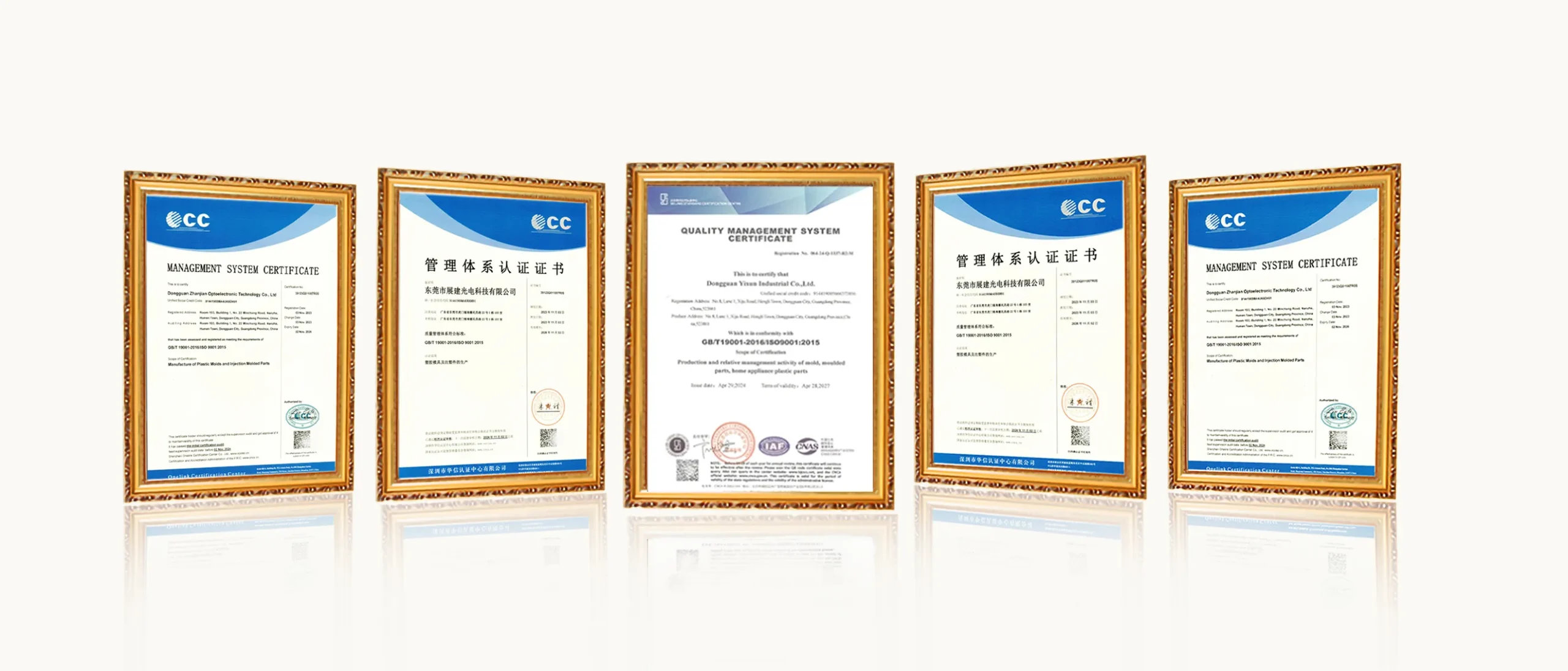 Quality management system certificates displayed by an optical lens and injection molding manufacturer
