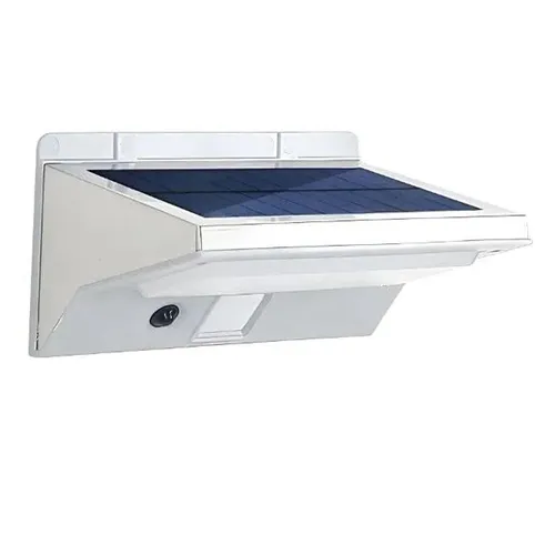 A white outdoor solar wall light featuring an inclined top solar panel, an LED light diffuser, a circular PIR motion sensor, and a black rocker switch on the bottom.