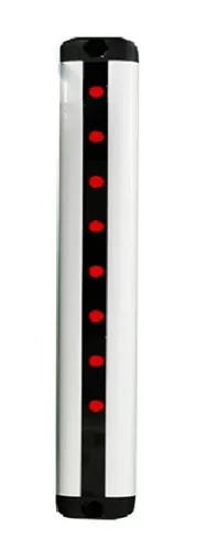 A vertical infrared safety light curtain sensor strip with a white housing, featuring a central black optical filter and a row of red circular indicators.