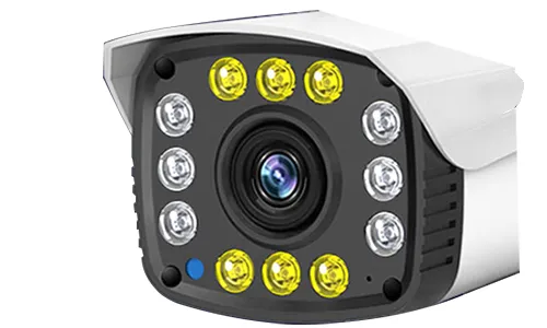 A bullet security camera with a white sunshield housing and a black front panel, featuring a central camera lens surrounded by six yellow LEDs and six white LEDs.