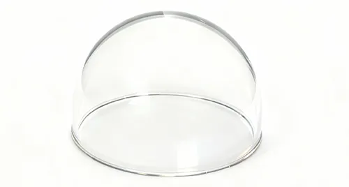 A high-transparency dome-shaped plastic optical lens cover on a white background, featuring a smooth hemispherical structure and a clear circular base edge.