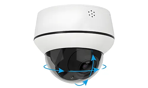 A ceiling-mounted white dome security camera with a black lens inside a transparent hemispherical cover, featuring blue curved arrows that indicate horizontal and vertical pan-tilt rotation.