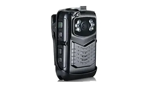 A black portable body-worn camera on a white background, featuring LED night vision lights around the front lens, side control buttons, and a mounting clip on the back.