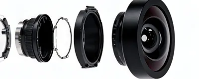 Exploded view of a precision multi element sensor lens for assembly validation and first article approval