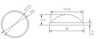 Technical engineering drawing of a custom plano convex sensor lens with 16mm diameter for optical mold manufacturing