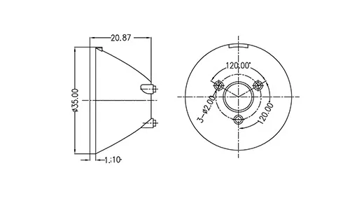A 2D technical engineering drawing of a conical optical lens on a white background. The left side shows a cross-sectional side view with dimensions of diameter 35.00 and height 20.87; the right side shows a circular bottom view detailing three 2.00 diameter positioning holes spaced 120.00 degrees apart.