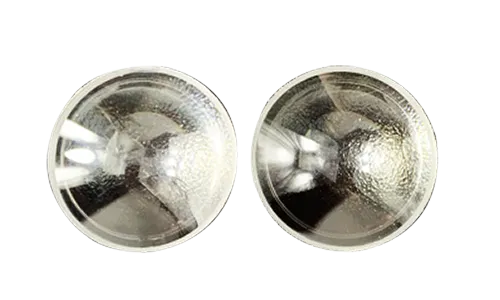 Two clear, circular plastic optical lenses placed side by side on a white background, featuring smooth curved surfaces with distinct light reflections.