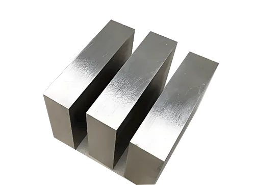 A rectangular block of high-grade S136 tool steel isolated on a white background. The metal material features a clean silver-gray finish with precision-ground flat surfaces, showing the typical texture of premium ESR (Electroslag Remelting) stainless mold steel used for mirror-polished optical plastic injection tooling.
