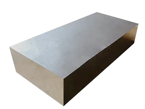A rectangular block of high-grade S136 tool steel isolated on a white background. The metal material features a clean silver-gray finish with precision-ground flat surfaces, showing the typical texture of premium ESR (Electroslag Remelting) stainless mold steel used for mirror-polished optical plastic injection tooling.