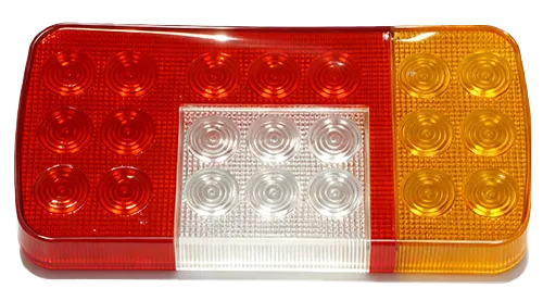 Three-zone injection molded tail light lens for commercial trucks
and engineering vehicles: red brake light, amber turn indicator,
and clear reverse light. PC material with high light transmittance,
UV-stabilized for outdoor durability. Custom mold design and
volume production available.