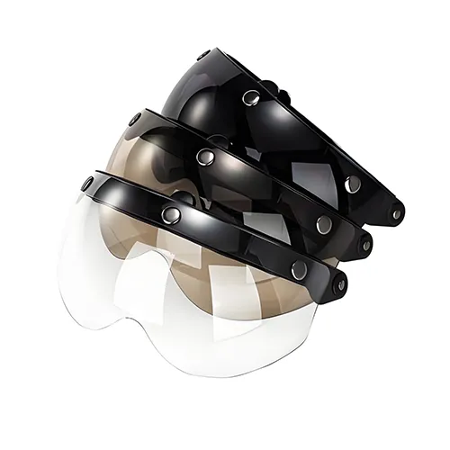 Stacked 3-snap universal polycarbonate optical helmet visors in clear, tinted, and dark smoke finishes with flip-up mounting frame
