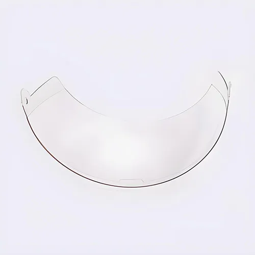Precision injection molded clear polycarbonate optical helmet visor lens with mounting tabs and positioning holes