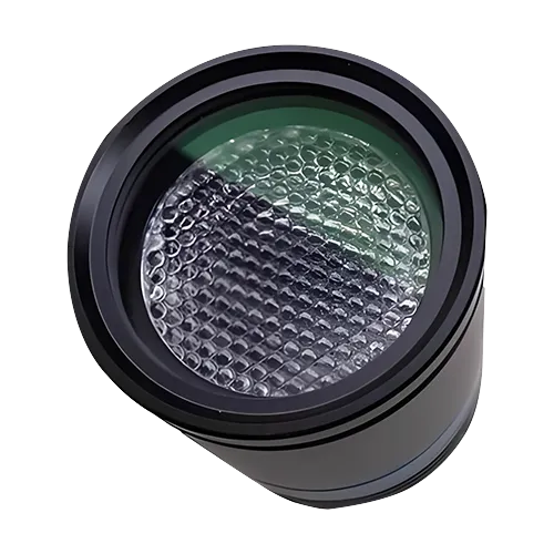 An industrial optical lens assembly integrated with a high-density microlens array inside a black anodized barrel, isolated on a black background. The optical system features precision arrayed micro-elements with anti-reflective green coatings, designed for laser beam shaping, beam homogenization, light field imaging, and machine vision illumination.