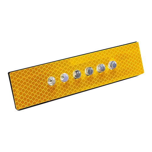 An LED signage optical lens module set against a pure white background. The linear array features a bright yellow microprismatic reflective sheeting base integrated with 7 acrylic/PC optical dome lenses in a row, engineered for passive light reflection and active LED beam distribution in traffic signs, safety hazard markers, and outdoor signage.